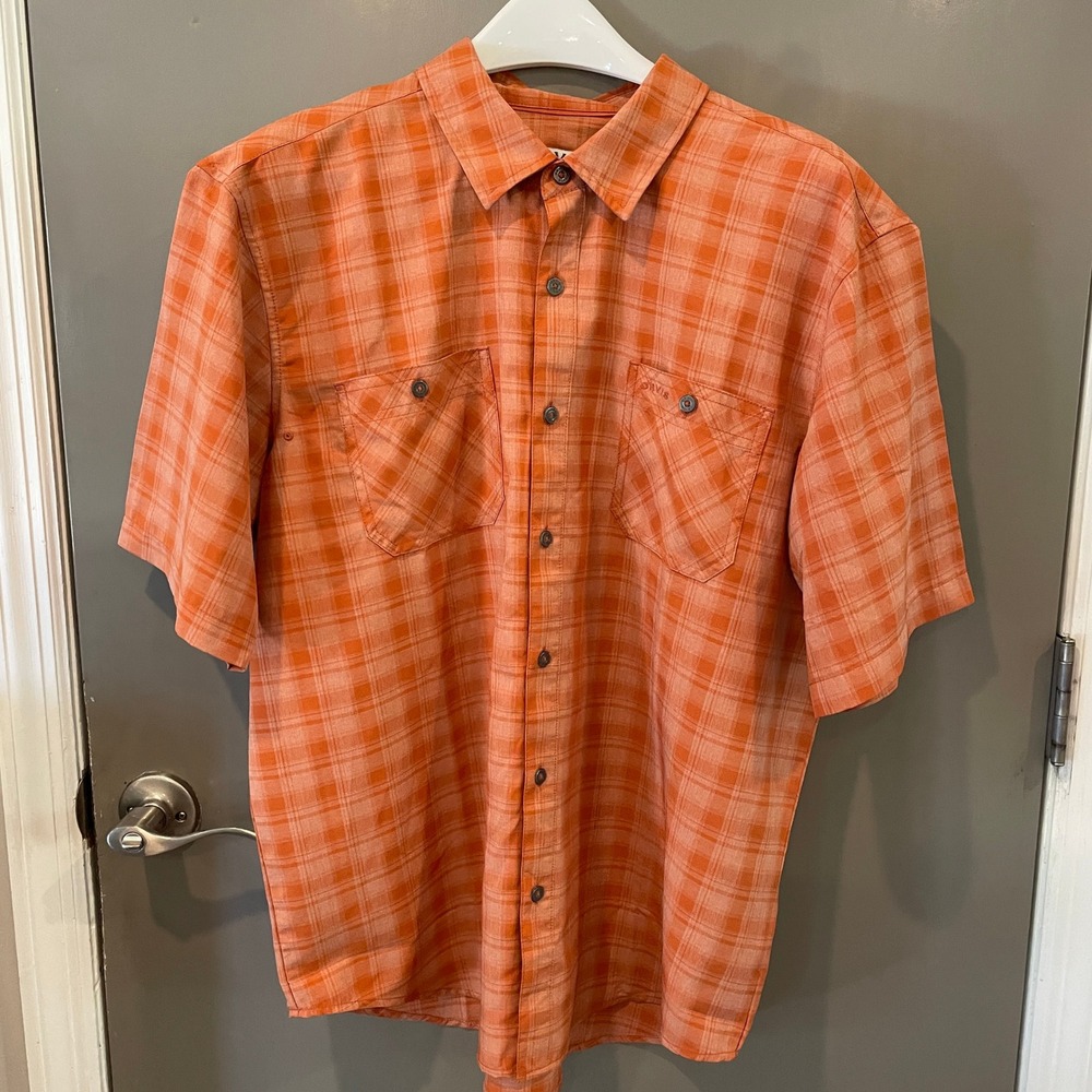 Orvis Mens XL Orange Plaid Short Sleeve Button Down Shirt Classic Collection